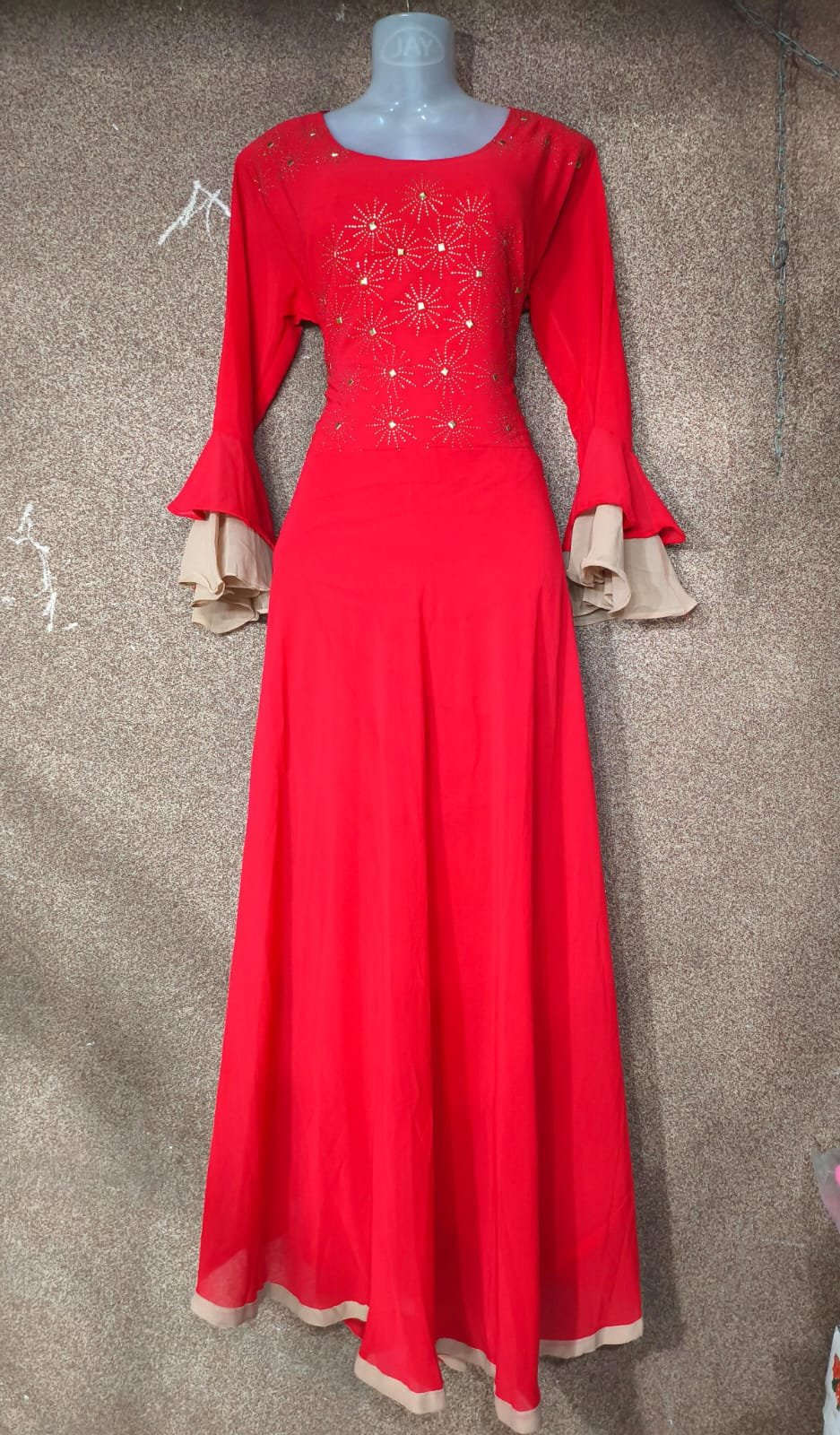 One Piece Gown โ Red Jorjet with Slokey Work | Free Size |
