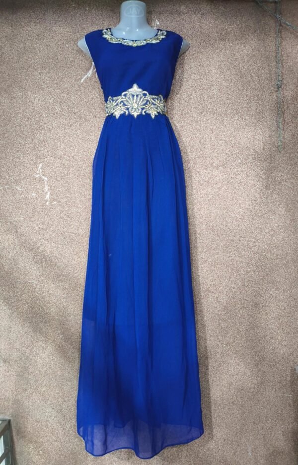 Blue One Piece Gown with Golden Patch Work – Free Size