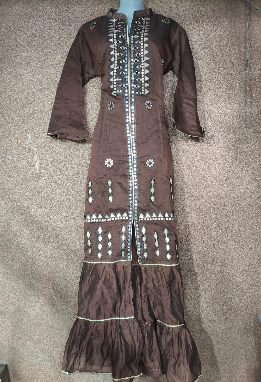 One Piece Gown โ Brown Khadi Cotton with Golden EMB Mirror Work