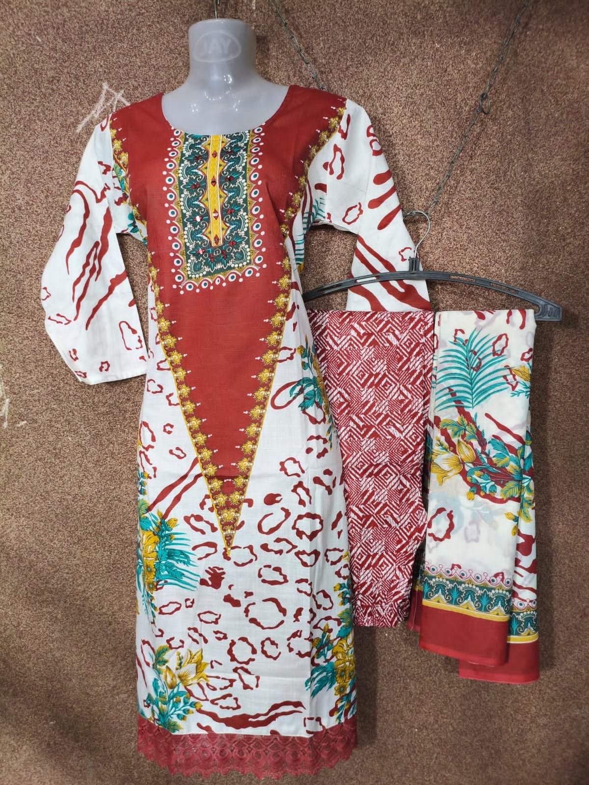 Cotton Suit with Block Print Shirt & Dupatta - Image 3