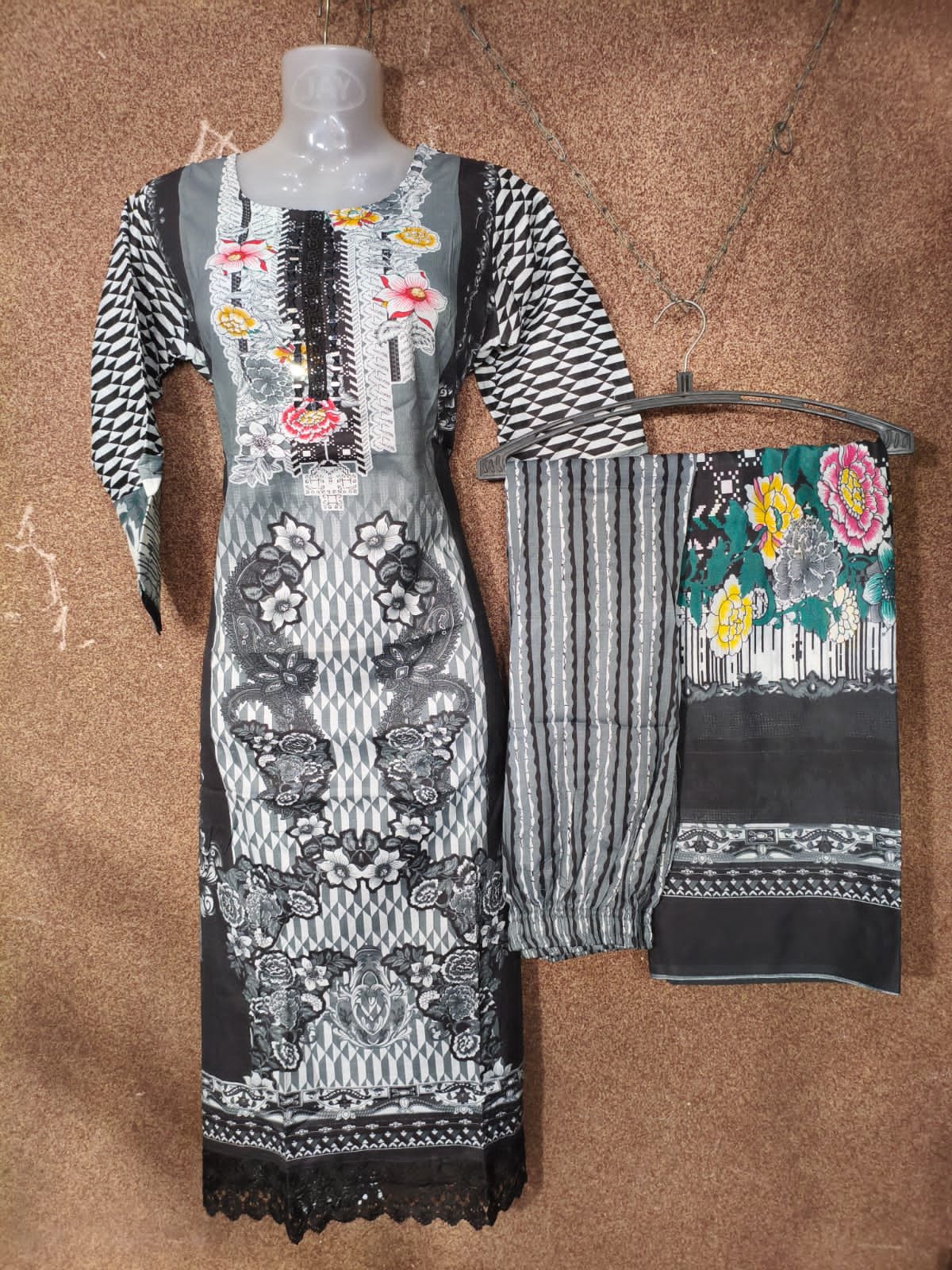 Cotton Suit with Block Print Shirt & Dupatta